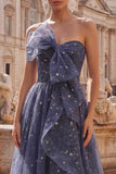 Starry Night Dusty Blue Strapless Bowed Long Formal Dress with Cascading Ruffles