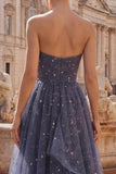 Starry Night Dusty Blue Strapless Bowed Long Formal Dress with Cascading Ruffles