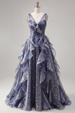 Elegant V-Neck Tulle Starry Sky Dusty Blue Tiered Ruffled Formal Dress