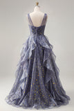 Elegant V-Neck Tulle Starry Sky Dusty Blue Tiered Ruffled Formal Dress