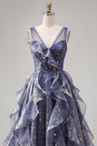 Elegant V-Neck Tulle Starry Sky Dusty Blue Tiered Ruffled Formal Dress