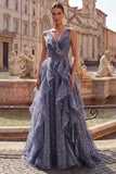 Elegant V-Neck Tulle Starry Sky Dusty Blue Tiered Ruffled Formal Dress