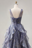 Elegant V-Neck Tulle Starry Sky Dusty Blue Tiered Ruffled Formal Dress