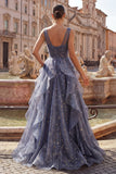 Elegant V-Neck Tulle Starry Sky Dusty Blue Tiered Ruffled Formal Dress