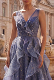 Elegant V-Neck Tulle Starry Sky Dusty Blue Tiered Ruffled Formal Dress