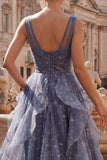 Elegant V-Neck Tulle Starry Sky Dusty Blue Tiered Ruffled Formal Dress