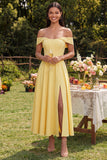 A-Line Off the Shoulder Yellow Corset Maxi Wedding Guest Dress with Slit