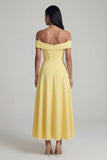 A-Line Off the Shoulder Yellow Corset Maxi Wedding Guest Dress with Slit