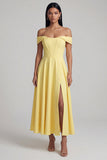 A-Line Off the Shoulder Yellow Corset Maxi Wedding Guest Dress with Slit