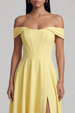 A-Line Off the Shoulder Yellow Corset Maxi Wedding Guest Dress with Slit