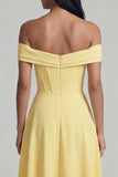 A-Line Off the Shoulder Yellow Corset Maxi Wedding Guest Dress with Slit