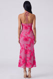 Sage Halter Neck Mermaid Midi Dress with Floral Embroidery