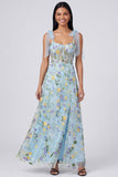 Blue Floral Corset A Line Maxi Dress with Slit
