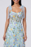 Blue Floral Corset A Line Maxi Dress with Slit