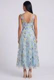 Blue Floral V Neck A Line Maxi Dress