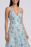 Blue Floral V Neck A Line Maxi Dress