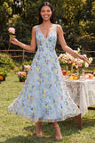 Blue Floral V Neck A Line Maxi Dress