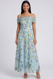 Blue Floral Off The Shoulder A Line Maxi Dress