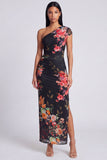 Ivory Floral One Shoulder Sheath Maxi Dress