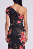 Ivory Floral One Shoulder Sheath Maxi Dress