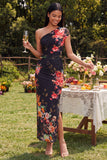 Ivory Floral One Shoulder Sheath Maxi Dress