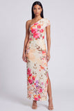Ivory Floral One Shoulder Sheath Maxi Dress