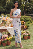 Ivory Floral One Shoulder Sheath Maxi Dress