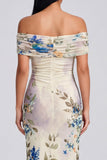 Ivory Floral Off the Shoulder Sheath Maxi Dress