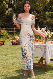 Ivory Floral Off the Shoulder Sheath Maxi Dress