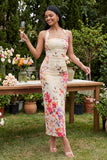 Halter Champagne Halter Sheath Maxi Floral Dress