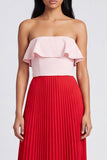Off the Shoulder A-Line Pink and Red Pleated Maxi Dress with Ruffles