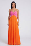 A-Line Pink and Orange Sweetheart Pleated Maxi Dress with Bow
