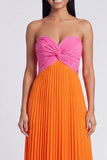 A-Line Pink and Orange Sweetheart Pleated Maxi Dress with Bow