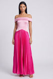A-Line Satin Pink and Fuchsia Off the Shoulder Pleated Maxi Dress