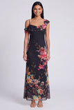 Black Asymmetrical Sheath Printed Maxi Floral Wedding Guest Dress