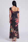 Black Asymmetrical Sheath Printed Maxi Floral Wedding Guest Dress