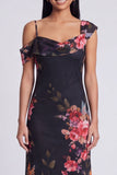 Black Asymmetrical Sheath Printed Maxi Floral Wedding Guest Dress
