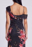 Black Asymmetrical Sheath Printed Maxi Floral Wedding Guest Dress