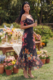 Black Asymmetrical Sheath Printed Maxi Floral Wedding Guest Dress