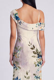 Black Asymmetrical Sheath Printed Maxi Floral Wedding Guest Dress