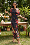 Black Tulle One Shoulder Bodycon Printed Floral Maxi Dress