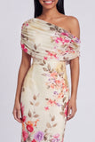 Black Tulle One Shoulder Bodycon Printed Floral Maxi Dress