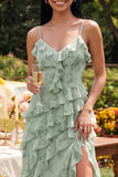Dusty Sage Floral Spaghetti Straps Ruffled Maxi Dress with Slit