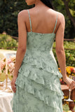 Dusty Sage Floral Spaghetti Straps Ruffled Maxi Dress with Slit