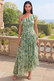 One Shoulder Dusty Green Ruffled A Line Asymmetrical Maxi Floral Dress