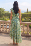 One Shoulder Dusty Green Ruffled A Line Asymmetrical Maxi Floral Dress