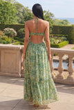 Halter Cut Out Dusty Green Floral A Line Maxi Dress
