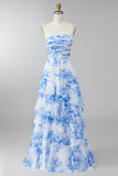 White Blue Floral Strapless A Line Ruffled Maxi Dress