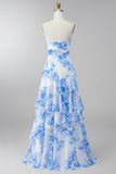 White Blue Floral Strapless A Line Ruffled Maxi Dress