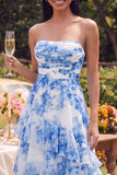 White Blue Floral Strapless A Line Ruffled Maxi Dress